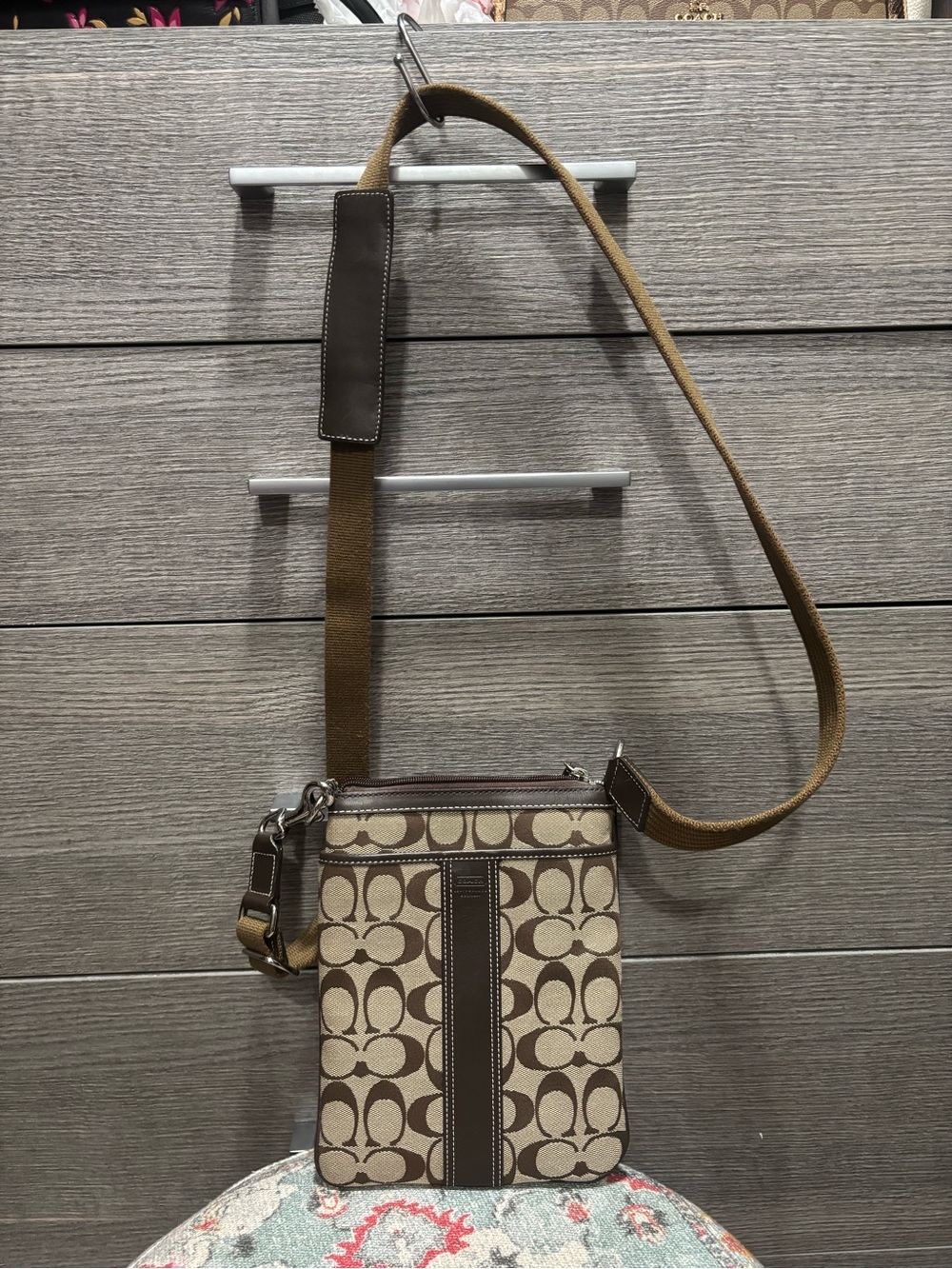 Vintage Coach Signature Stripe Swingpack Crossbody Bag Brown Khaki Y2K